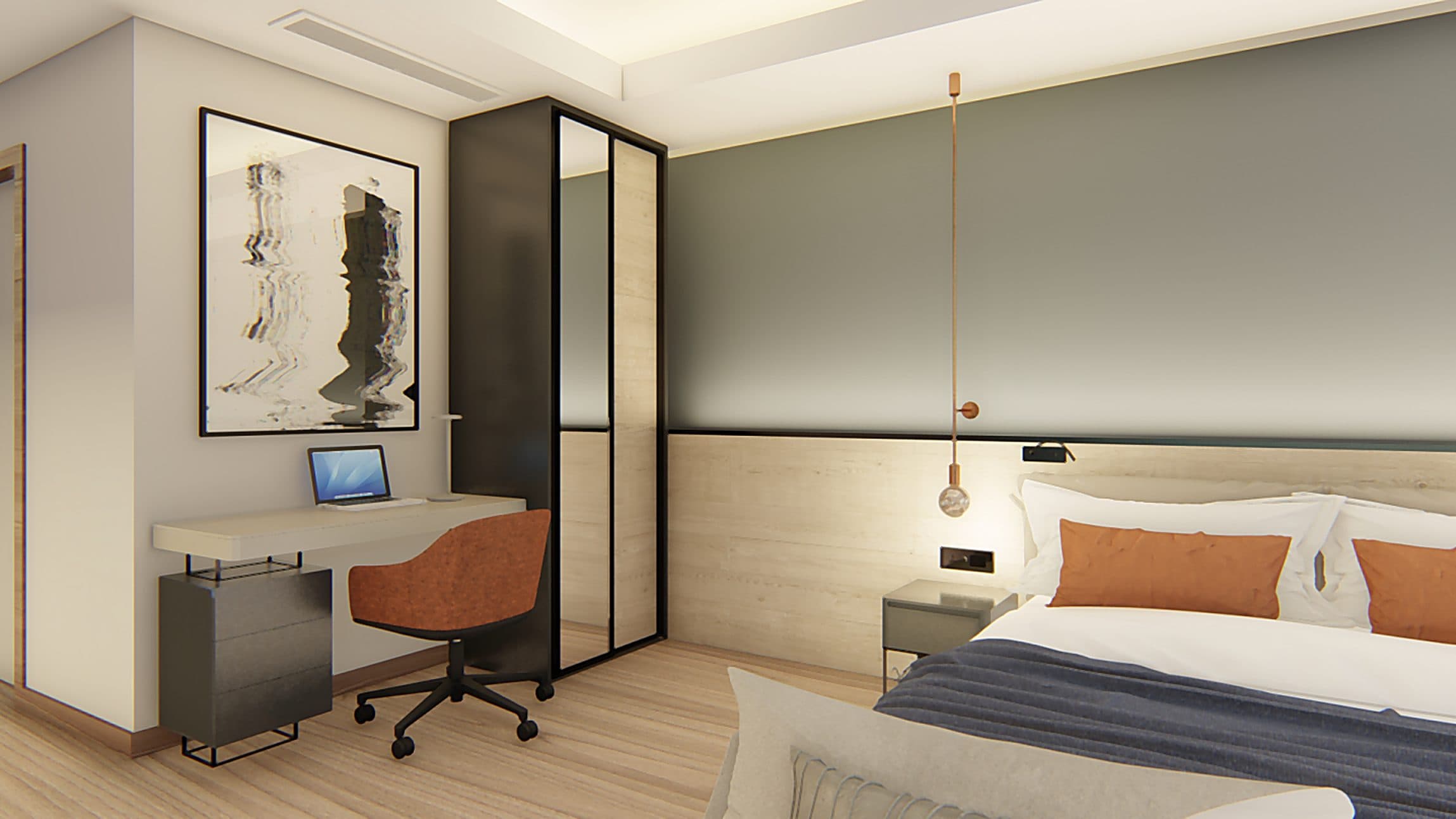 Visualisierung eines Apartment-Schlafzimmers: Bett, Arbeitstisch mit Drehstuhl und eine verglaste Trennwand zum Wohnbereich.