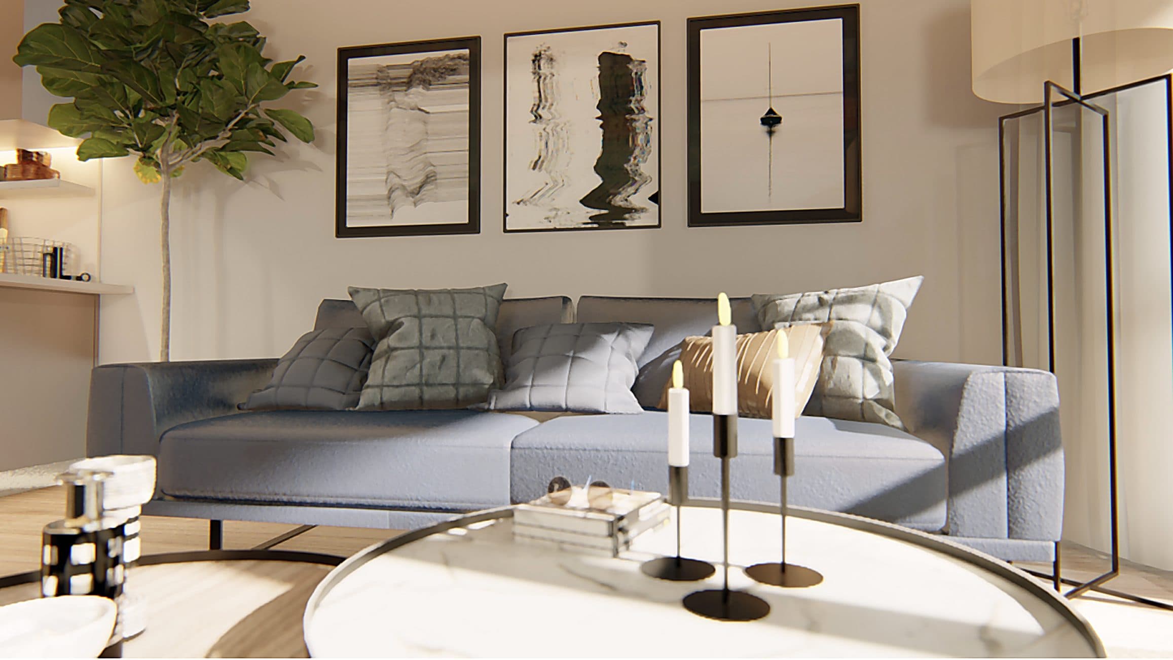 Visualisierung des Wohnbereichs: ein graues Sofa, runder Couchtisch, gerahmte Drucke und ein Pflanzgefäß.