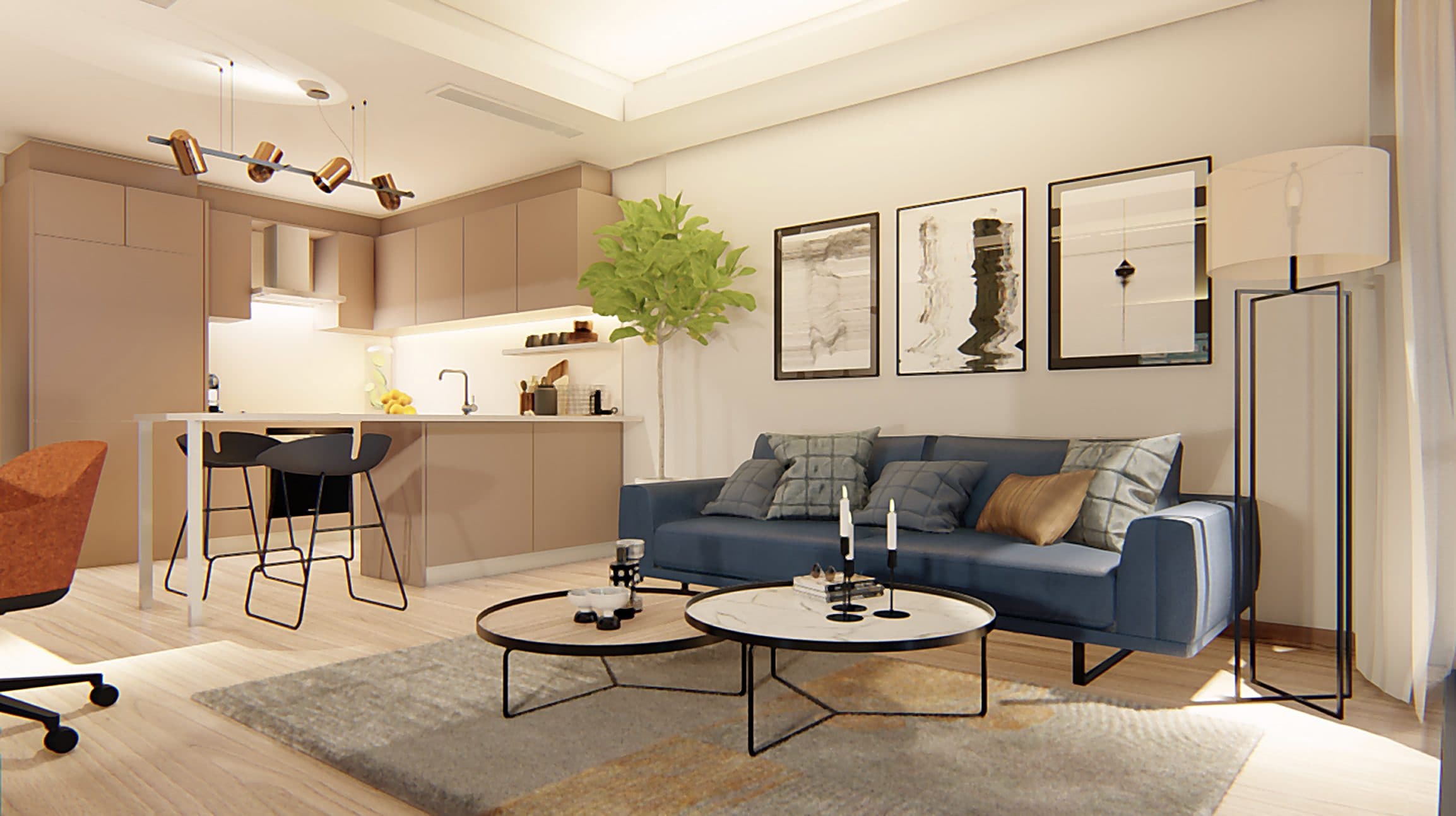 Visualisierung der Kücheninsel mit Hockern gegenüber dem blauen Sofa und den zwei Couchtischen.