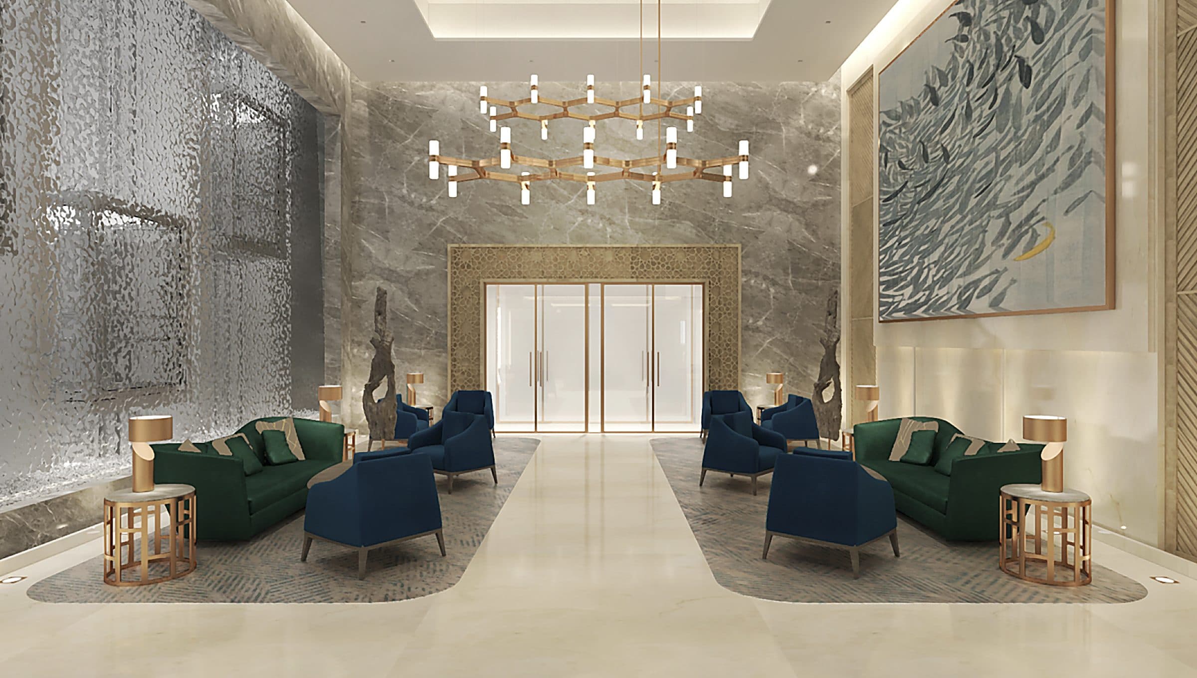 Visualisierung der DoubleTree-Lobby: Kronleuchter, paarweise Sitzgruppen und ein Steinboden.