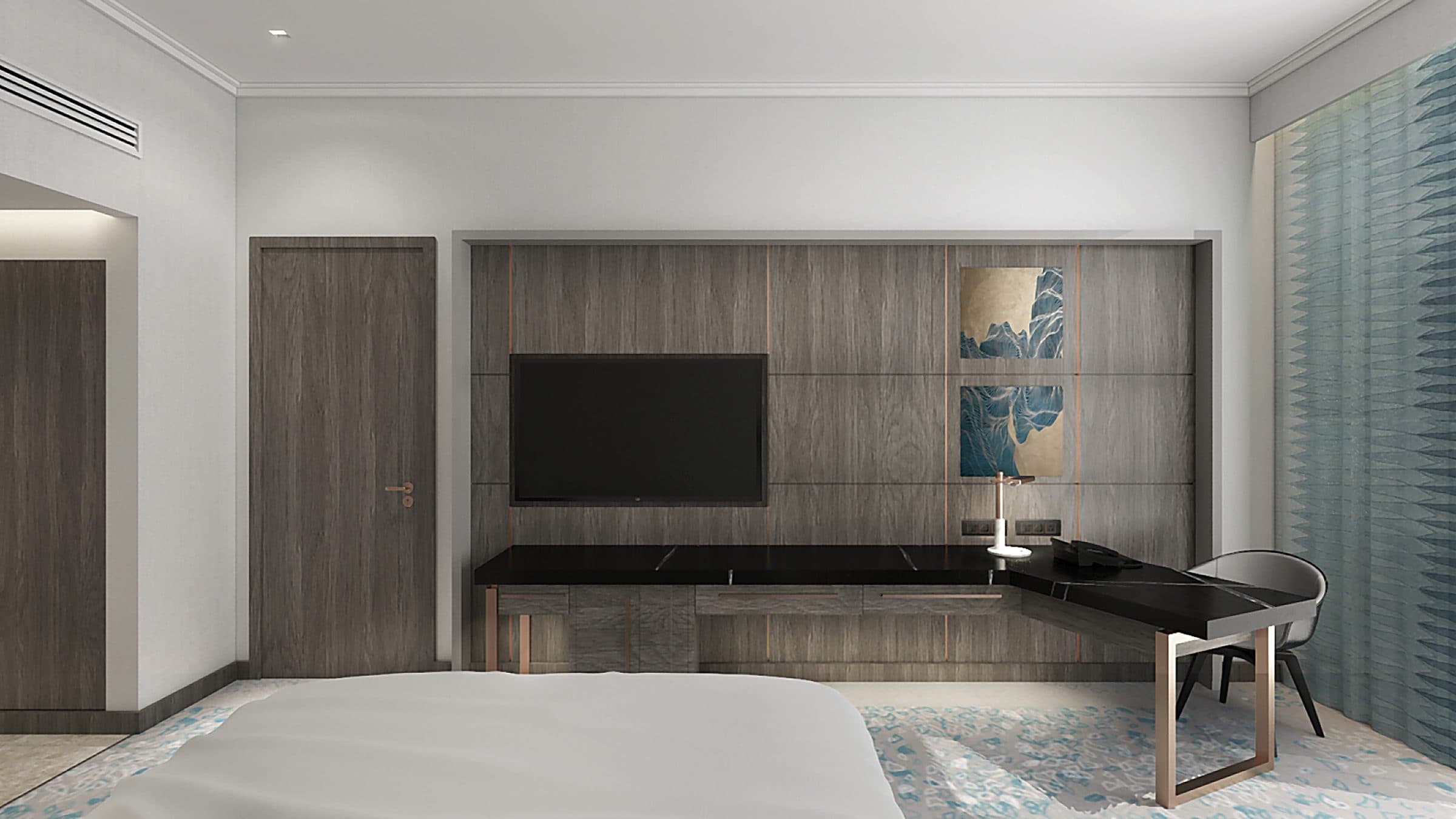 Visualisierung der Schreibtisch- und TV-Wand gegenüber dem Bett.