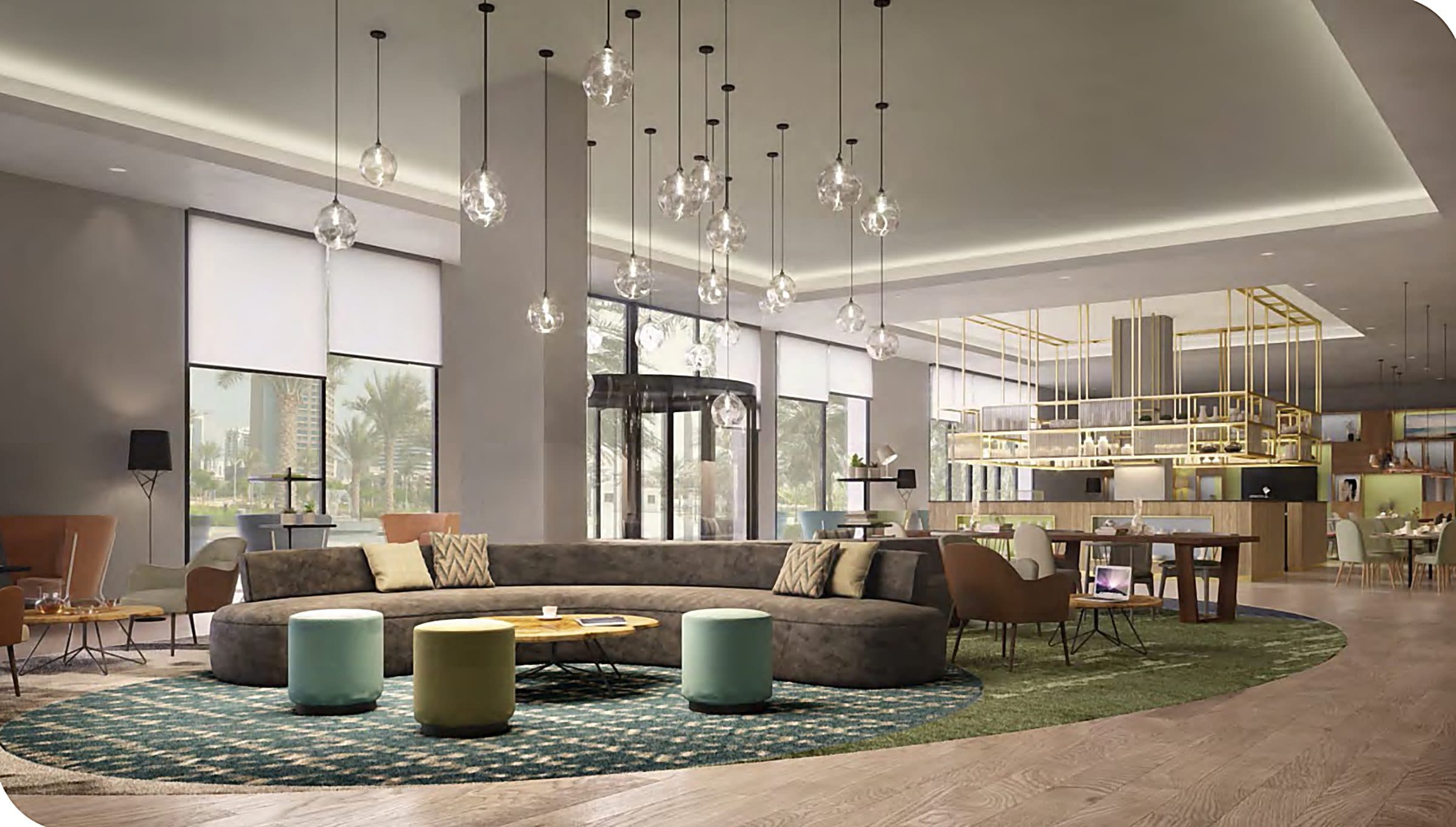 Visualisierung der Lobby-Lounge des Garden Inn: niedrige Sitzgruppen, ein grüner Teppich und Pendelleuchten.