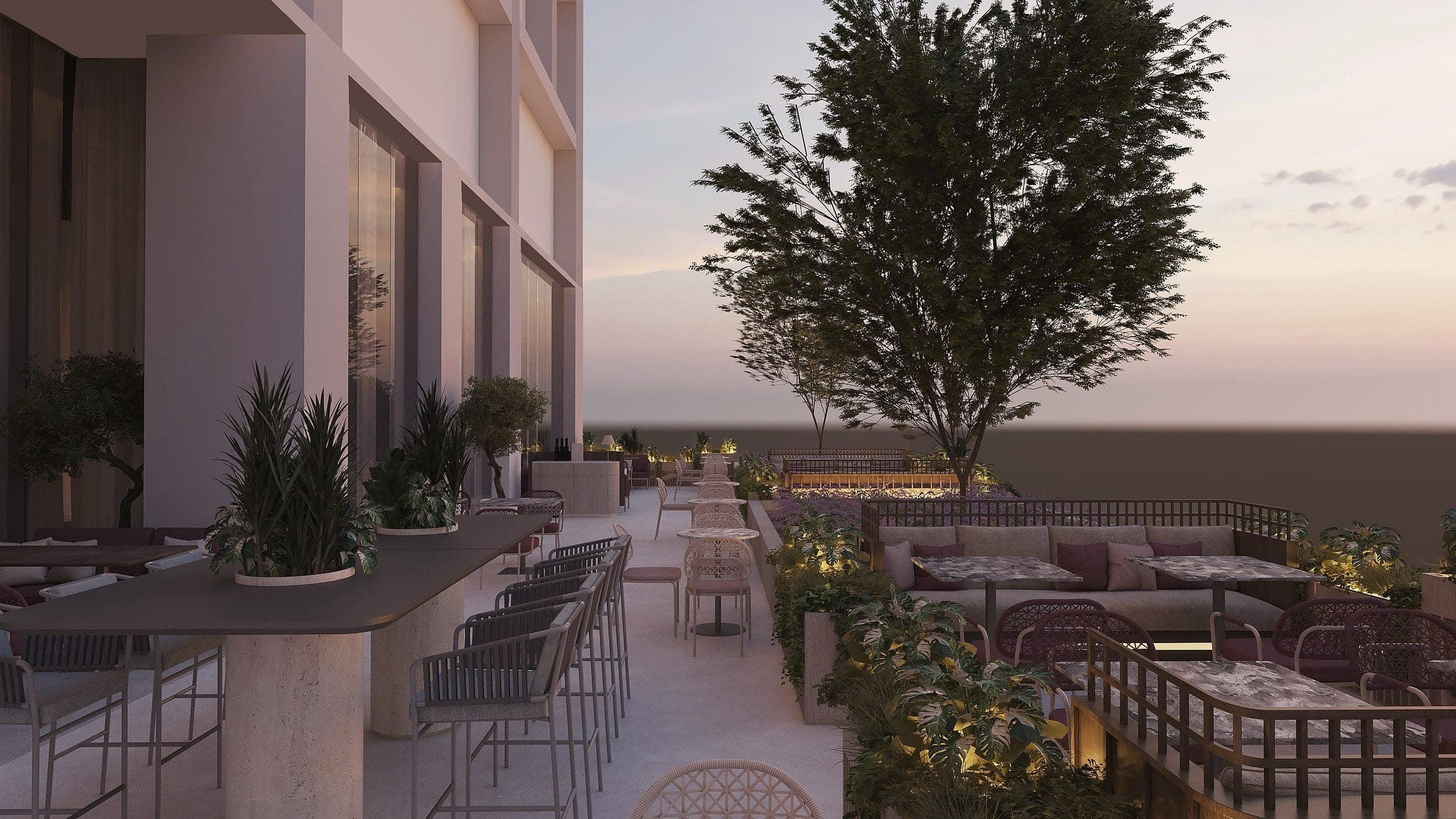 Visualisierung der Dachterrasse in der Dämmerung: Barsitzmöbel, Bepflanzung und Stadtsilhouette.