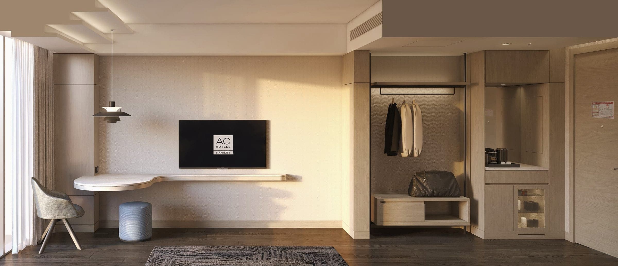 Visualisierung der Eingangszeile: Schreibtisch, TV-Element, Schrank und Minibarmöbel.