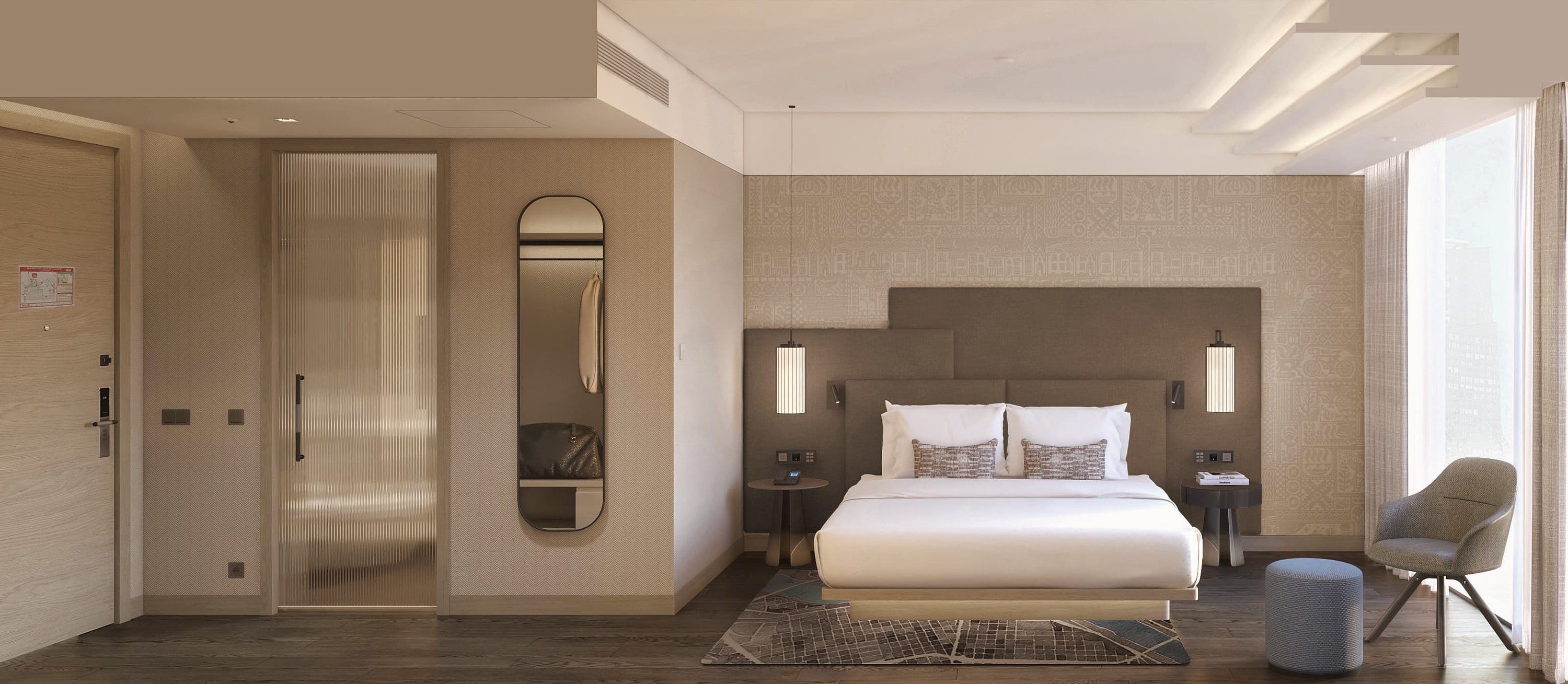 Visualisierung eines Gästezimmers im Marriott Belgrad: Bett, vertäfelte Kopfteilwand, Schrankzeile und Schreibtisch.